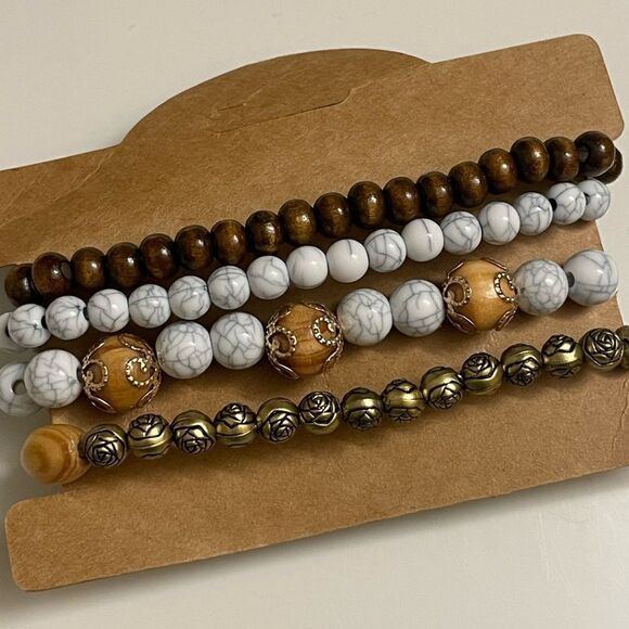 Stackable Boho Wooden Beaded Bracelets (4 Total) (NEW) - Picture 4 of 9